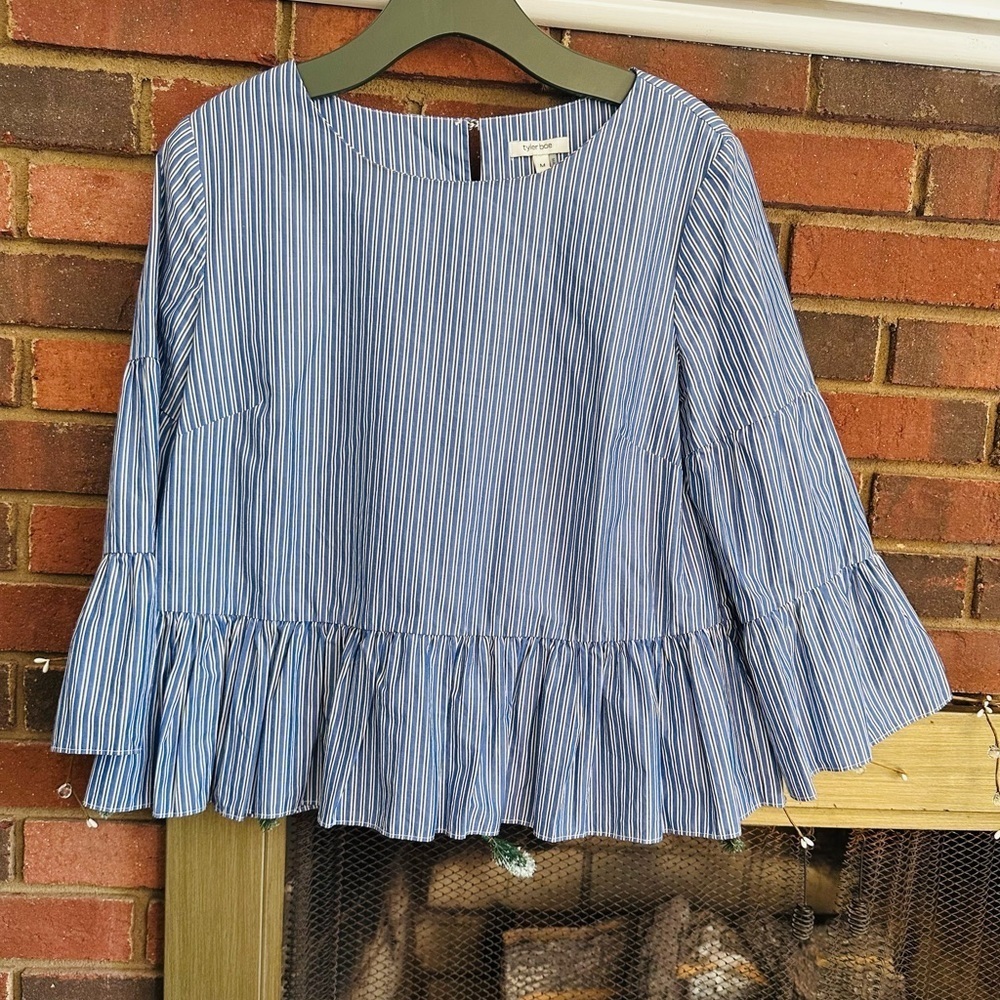 #7)  100% cotton blue and white striped down ruffle top new condition.